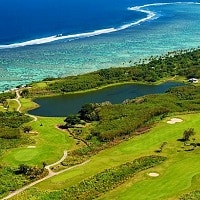 Green fields and turquoise water in Indonesia