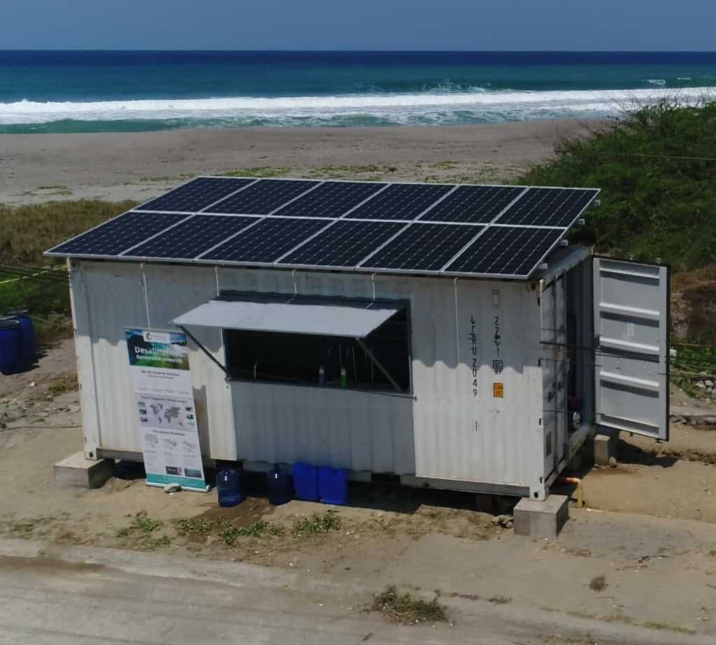 Solar seawater desalination unit, also called water kiosk, placed at a beach in Madagaskar